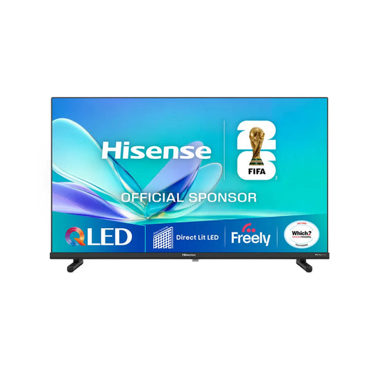 Hisense QLED TV with FIFA sponsorship logos on a white background