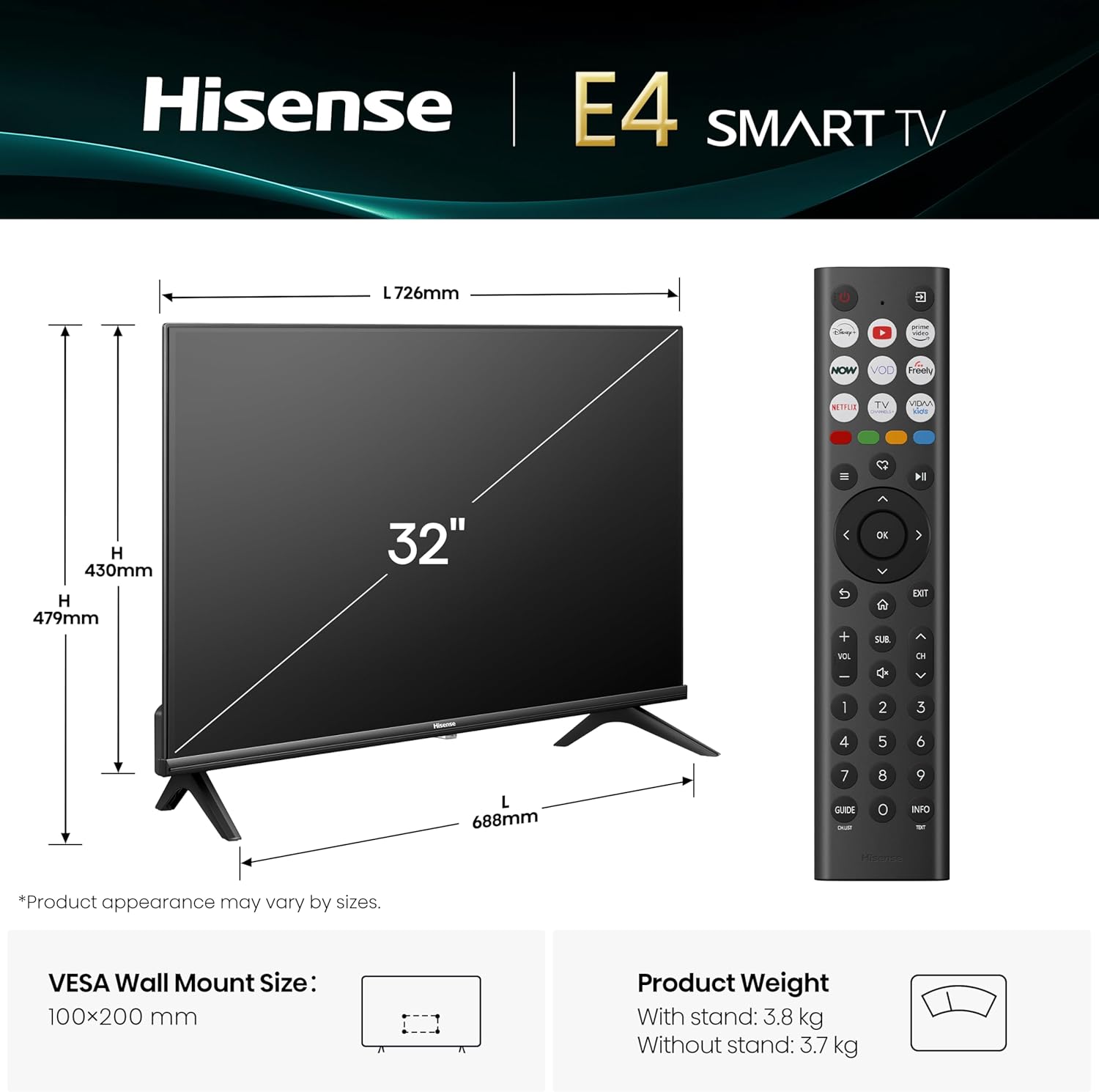 Hisense 32E4QTUK TV Dimensions with Remote Control