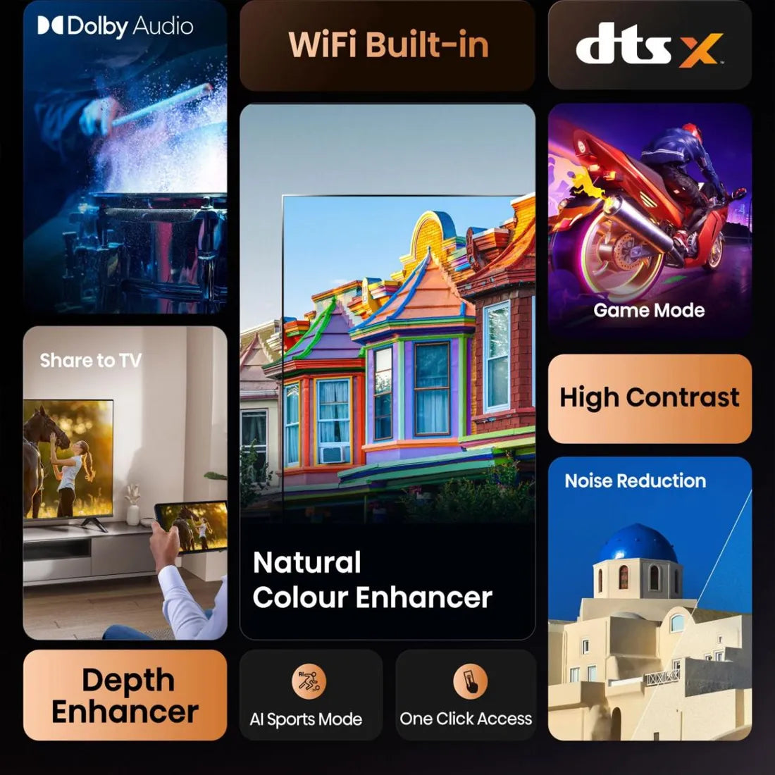 Smart TV features including DTS sound and colour enhancement on Hisense A4 television