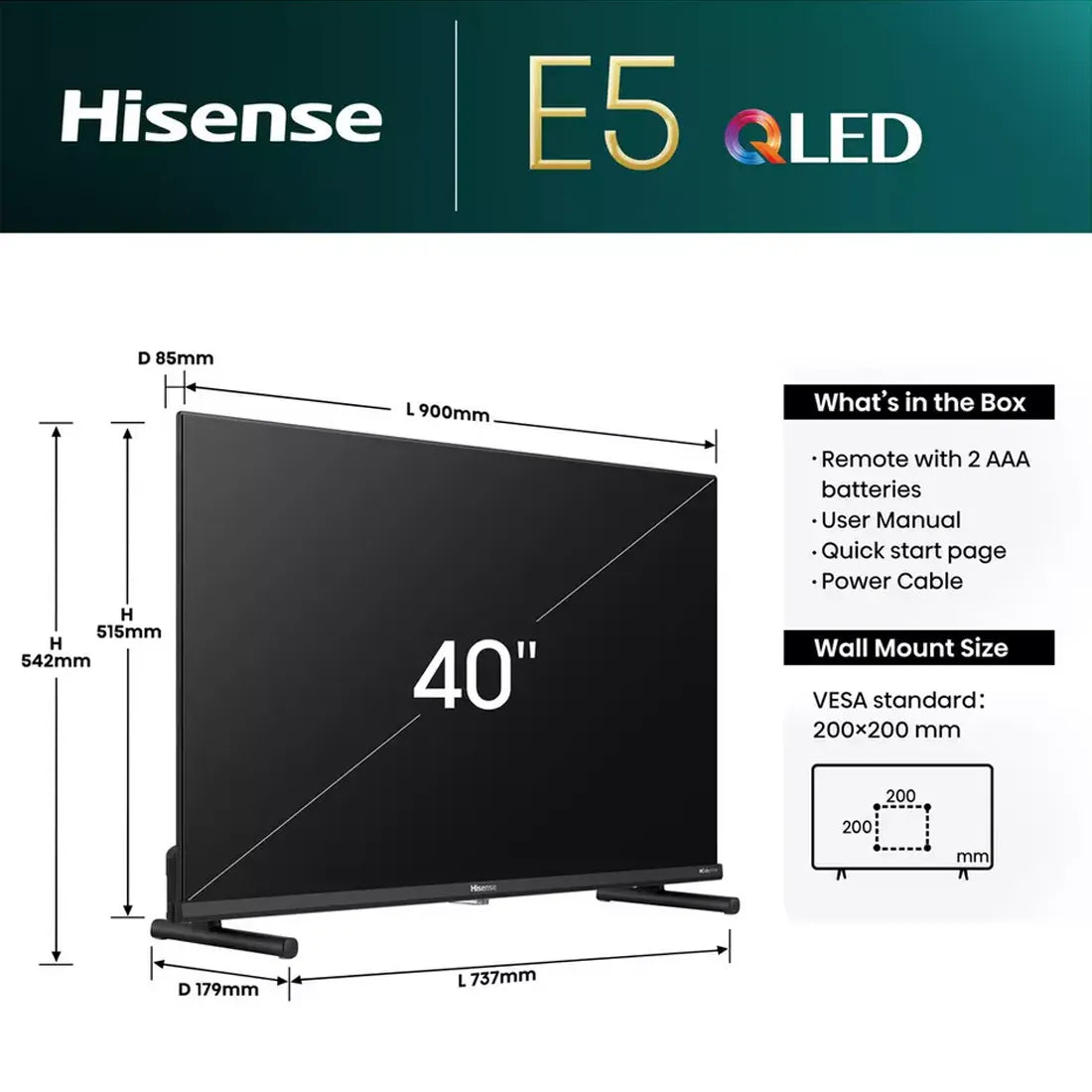 Dimensions diagram of Hisense 40 inch E5 QLED Smart TV with screen measurements