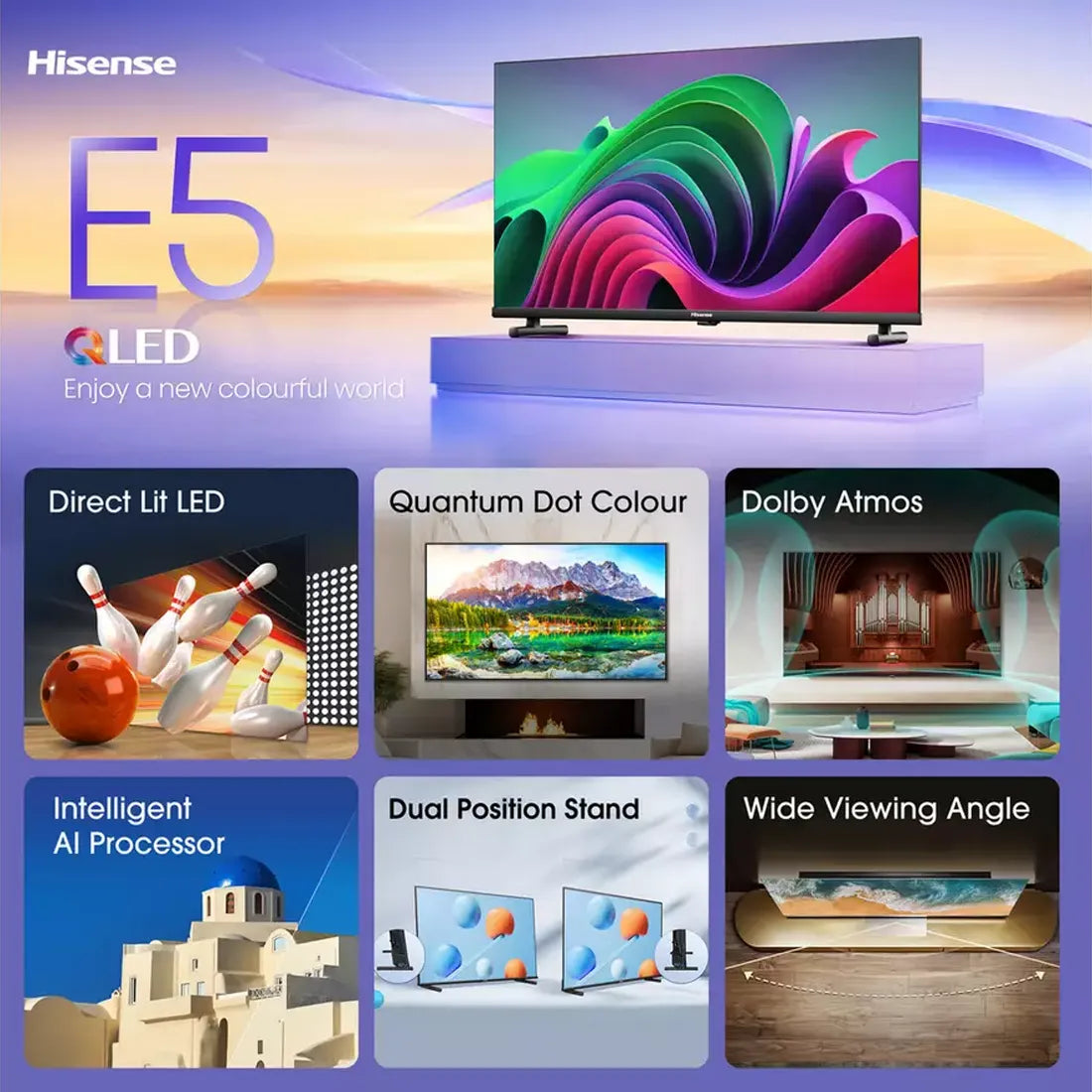 Feature overview graphic highlighting E5 QLED technology on Hisense 40 inch Smart TV