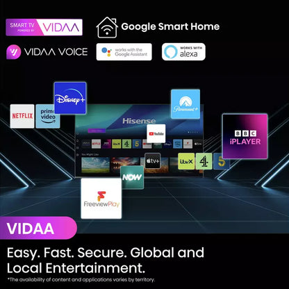 VIDAA smart TV interface on Hisense 40 inch E5 QLED Smart TV showing streaming apps
