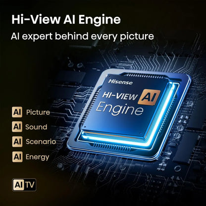 Hi-View AI Engine processor feature graphic on Hisense E7Q QLED Smart TV