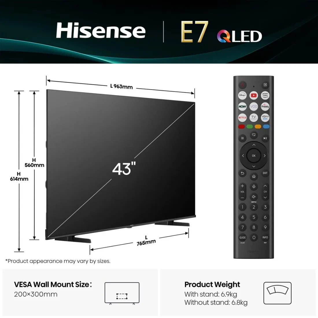 Hisense 43 inch E7Q TV dimensions and wall mounting measurements
