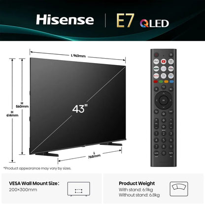 Hisense 43 inch E7Q TV dimensions and wall mounting measurements
