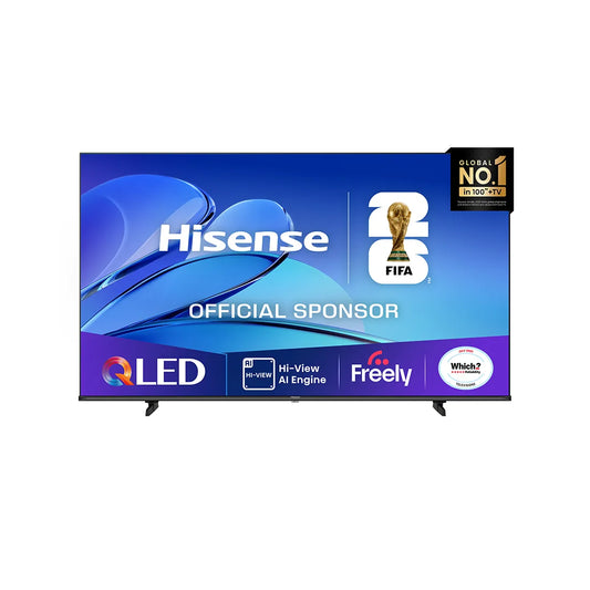 Hisense QLED TV with FIFA sponsorship logos on a white background