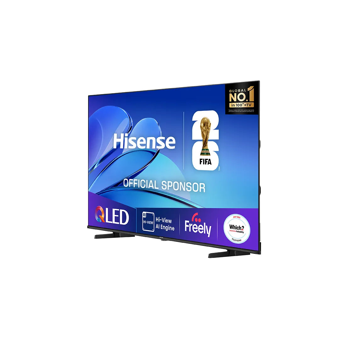 Hisense QLED TV with FIFA sponsorship logos on a white background