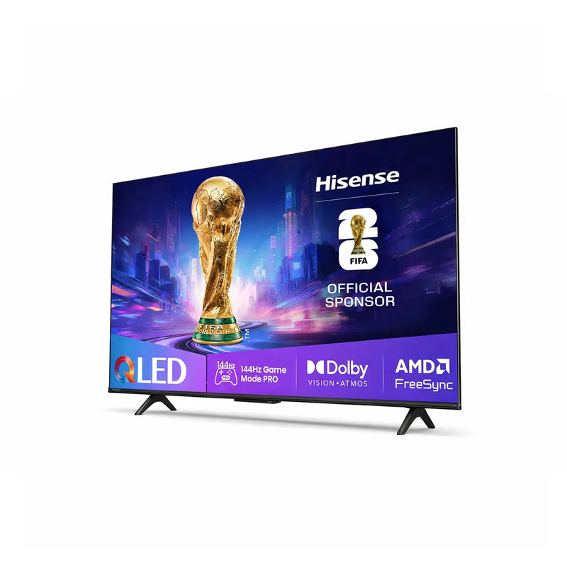 Hisense TV displaying the FIFA World Cup trophy and branding on a white background