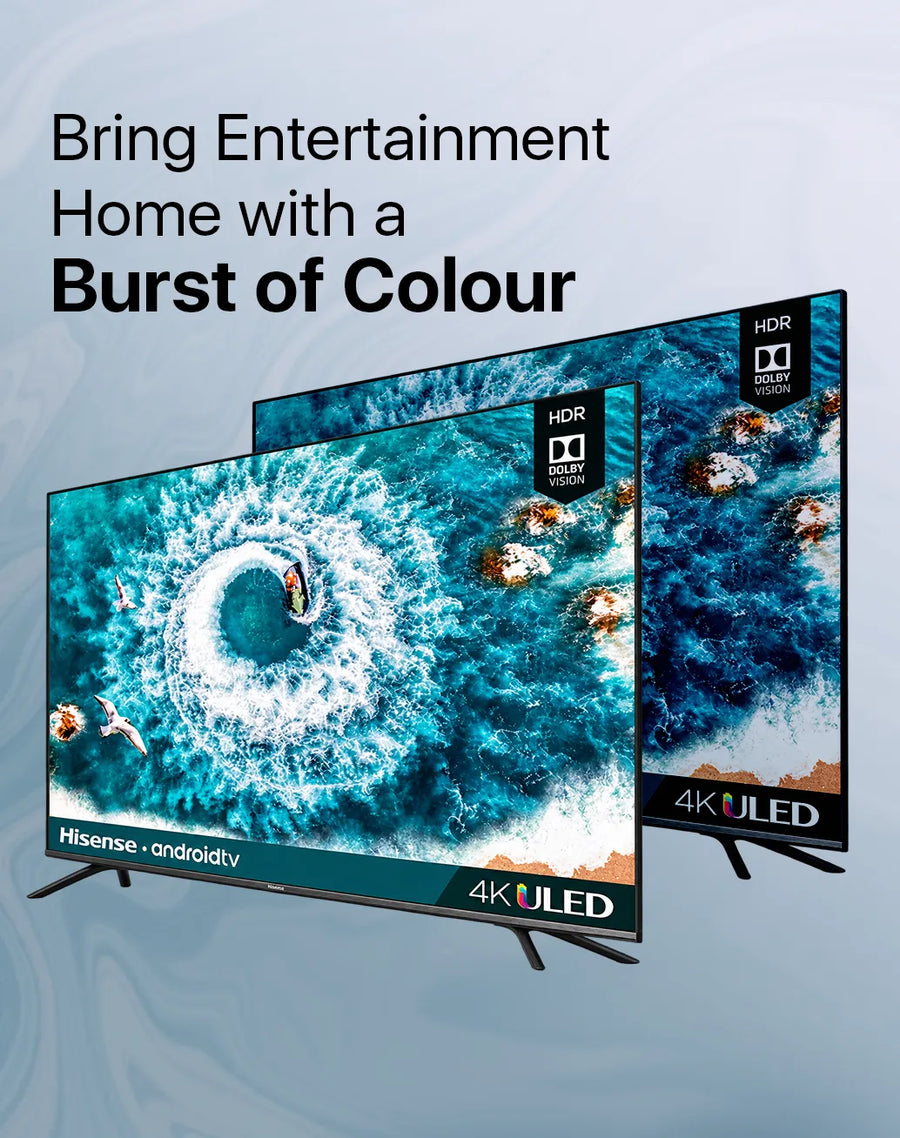 Hisense 4K ULED Smart TVs with Dolby Vision HDR and Android TV, displaying vibrant ocean colours for immersive home entertainment

