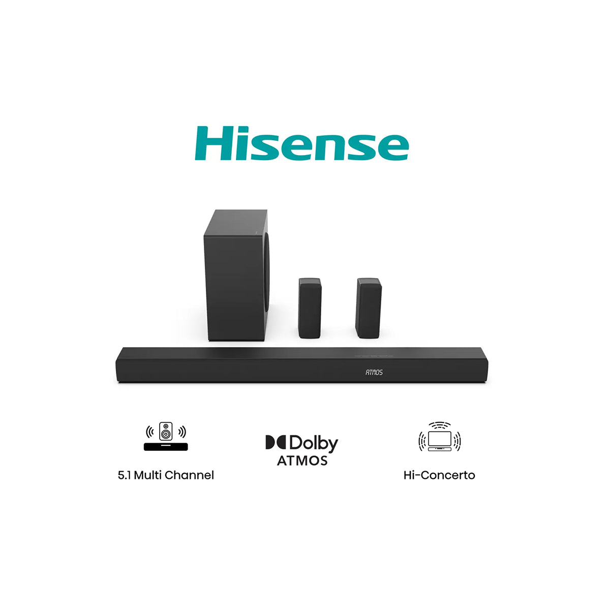 Hisense 5.1 channel soundbar surround sound system with wireless subwoofer, rear speakers, Dolby Atmos and Hi-Concerto technology.