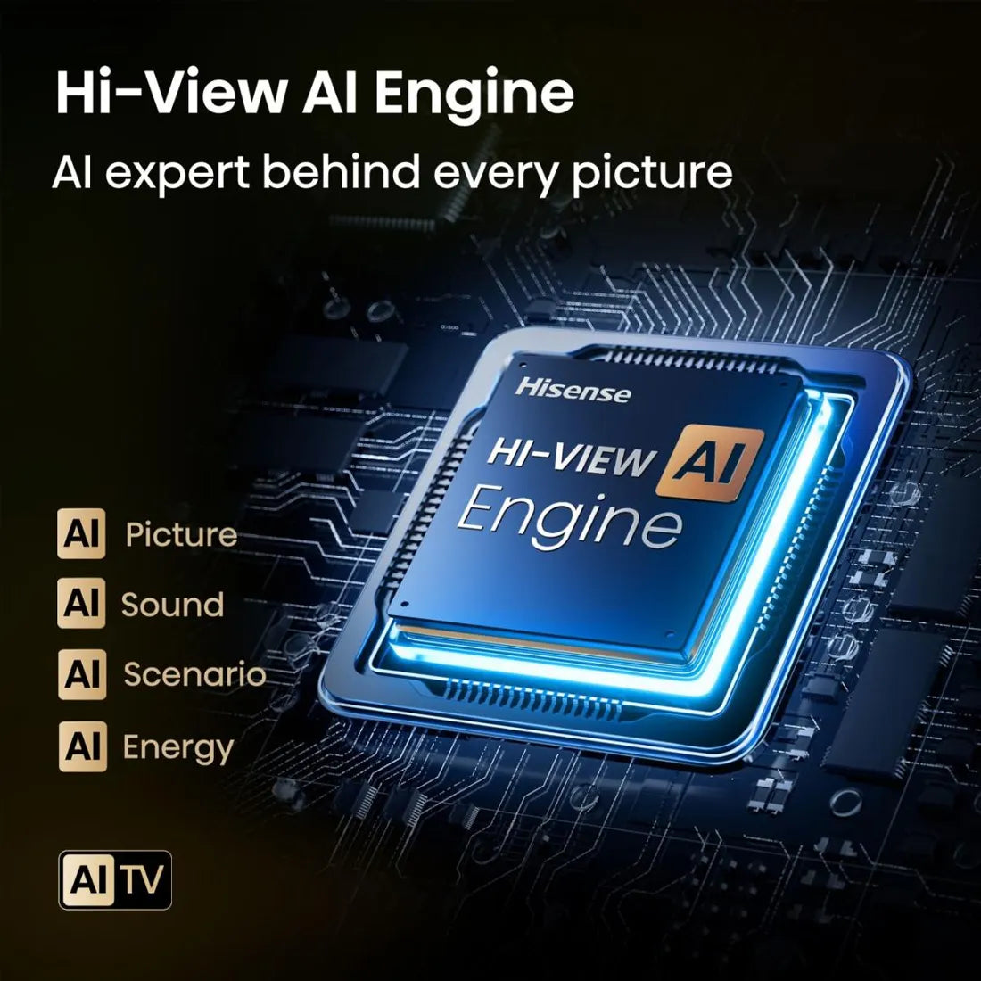 Hi-View AI Engine processor feature graphic on Hisense E6Q LED Smart TV