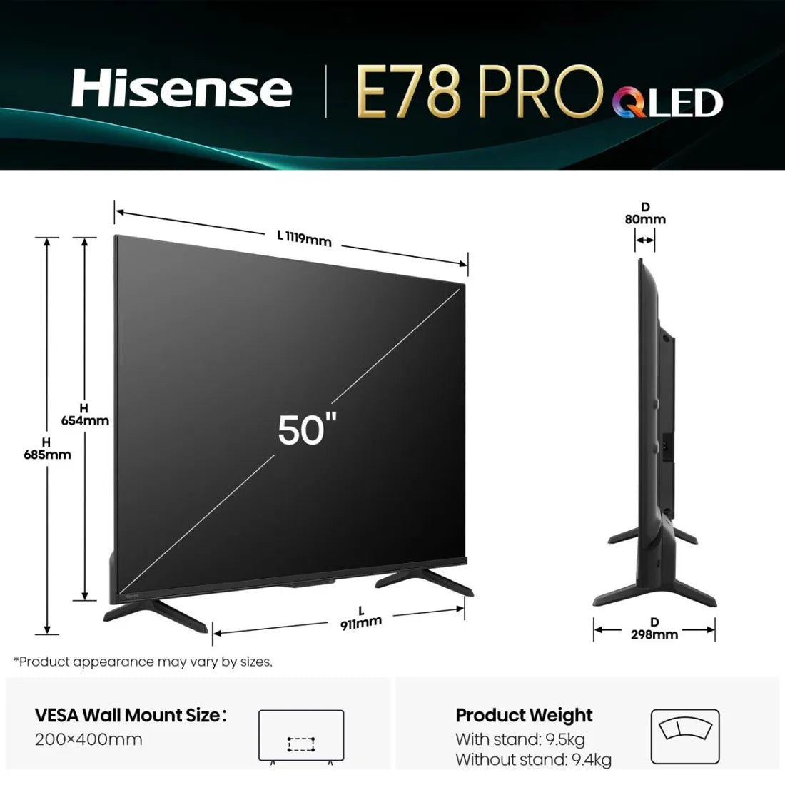 Hisense 50 inch E7Q PRO TV dimensions and wall mounting measurements