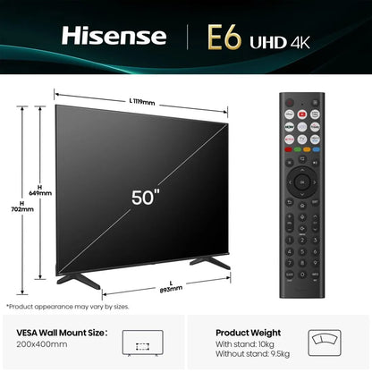 Hisense 50 inch E6Q TV dimensions and wall mounting measurements