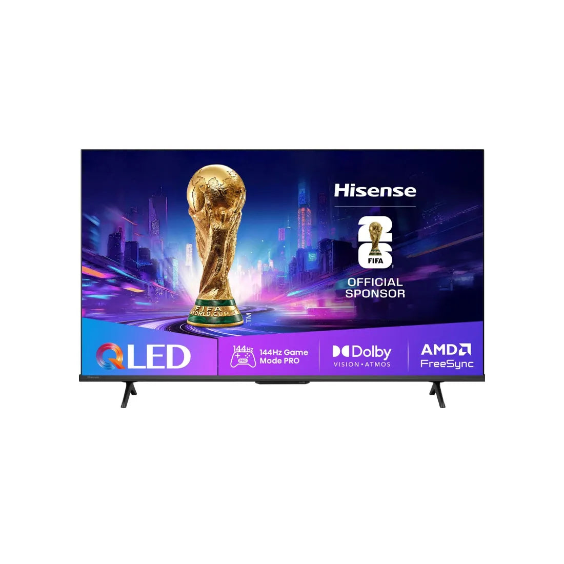 Hisense QLED TV displaying the FIFA World Cup trophy and branding on a white background