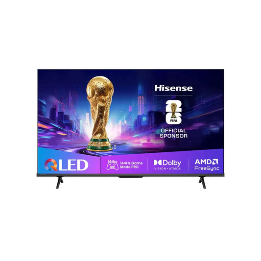 Hisense QLED TV displaying the FIFA World Cup trophy and branding on a white background
