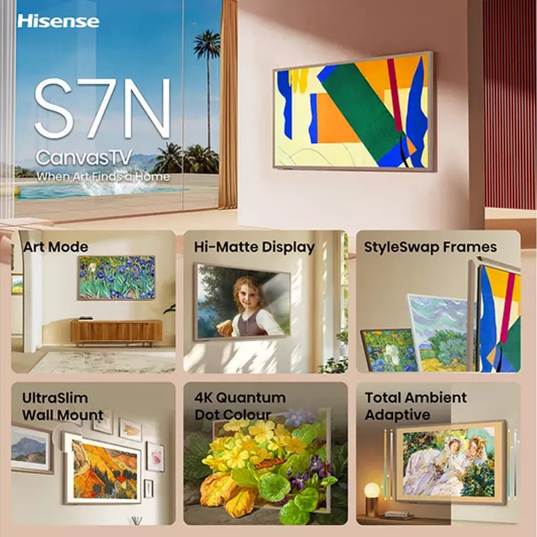 Hisense 55" Canvas S7NQ QLED 4K Smart TV highlighting Art Mode, Hi-Matte Display, StyleSwap Frames, UltraSlim Wall Mount and 4K Quantum Dot Colour