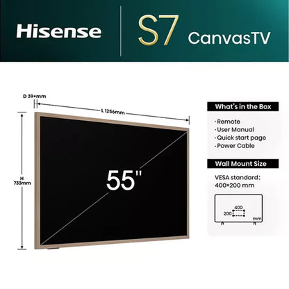 Hisense 55" Canvas S7NQ dimensions diagram showing 1256 mm width, 733 mm height, 39 mm depth and VESA 400 x 200 wall mount size