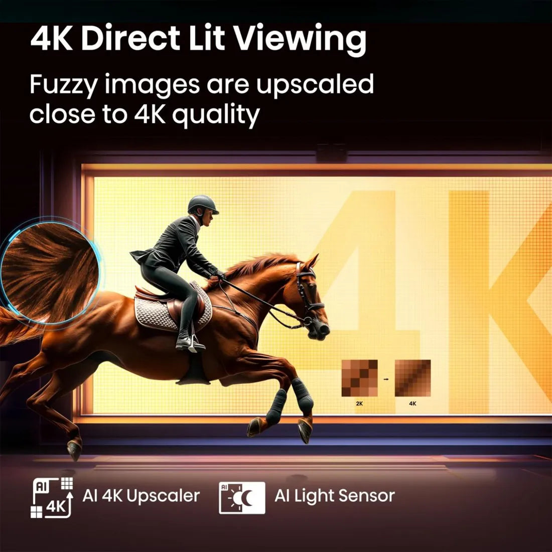Hisense E7Q QLED TV showing 4K Direct Lit Viewing with AI upscaler and improved brightness and clarity