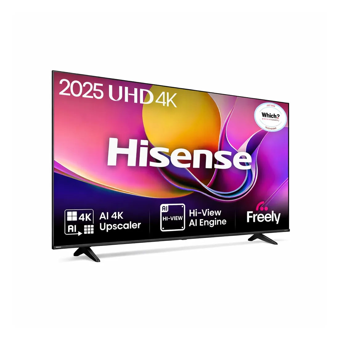 Angled front view of Hisense 55 inch E7Q QLED 4K Smart TV 55E78QTUK showing AI 4K upscaler, Hi View AI Engine and Freely branding