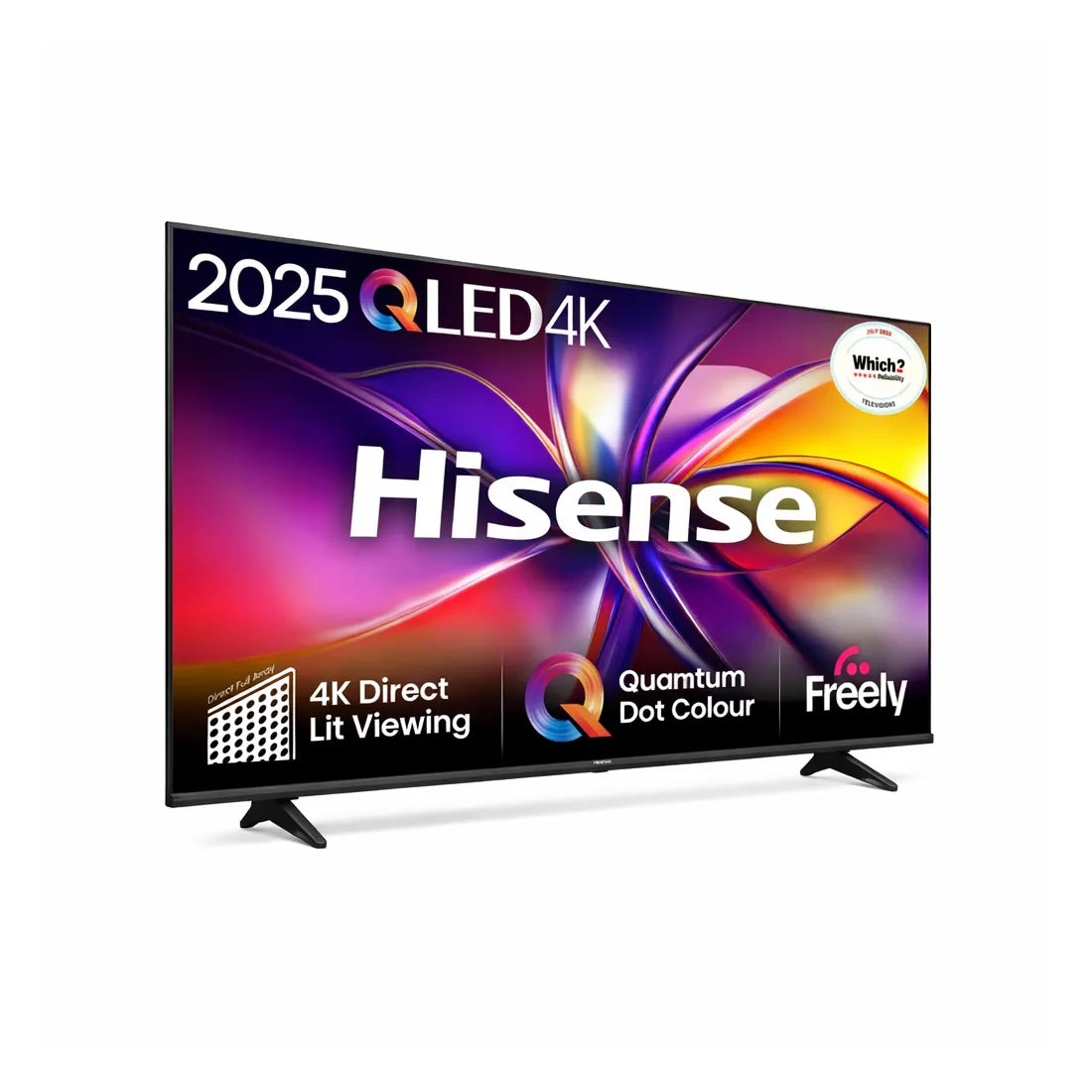 Angled front view of Hisense 55 inch E7Q QLED 4K Smart TV 55E78QTUK showing slim bezel design and vibrant display