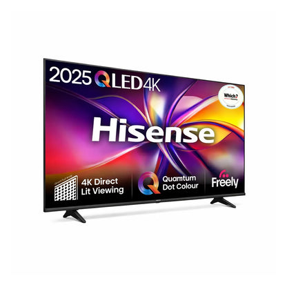 Angled front view of Hisense 55 inch E7Q QLED 4K Smart TV 55E78QTUK showing slim bezel design and vibrant display
