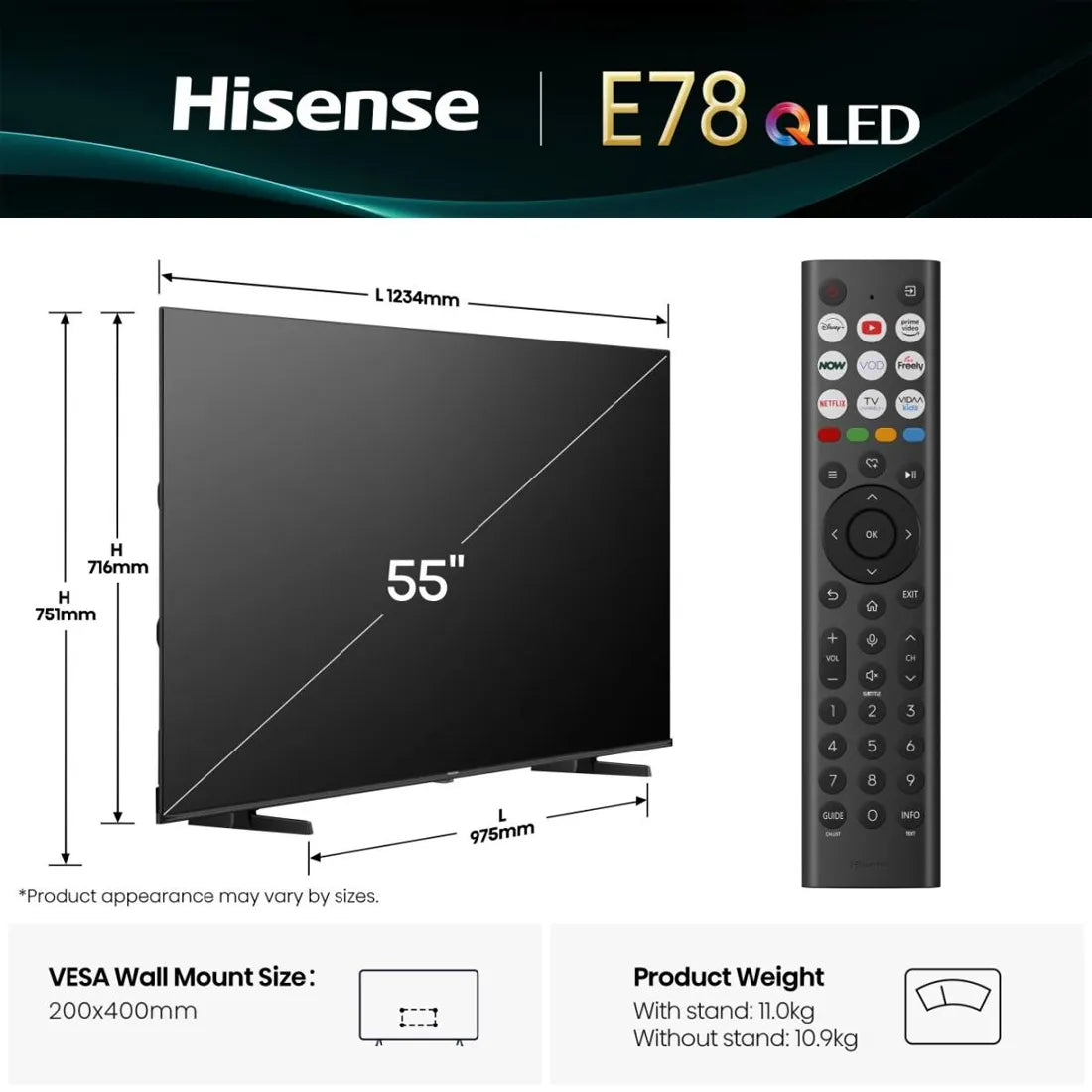 Hisense 55 inch E7Q QLED 4K Smart TV dimensions diagram with measurements and included remote control