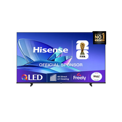 Hisense QLED TV with FIFA sponsorship logos on a white background