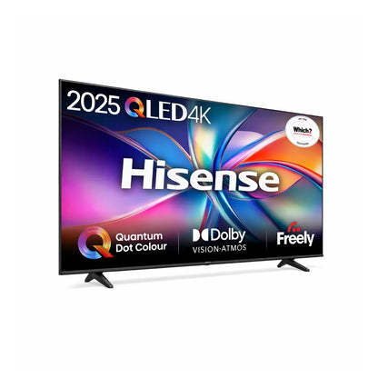 Angled front view of Hisense 65 inch E7Q QLED 4K Smart TV 65E7QTUK with Quantum Dot Colour and Dolby Vision Atmos