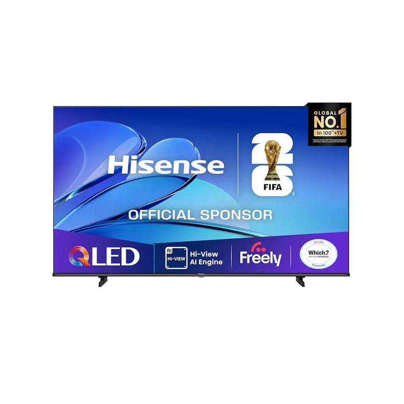 Hisense QLED TV with FIFA sponsorship logo on a white background