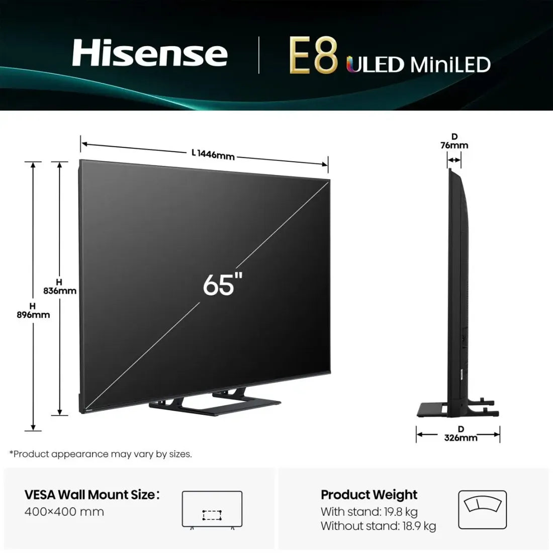 Hisense 65E8QTUK TV Dimensions with Remote Control