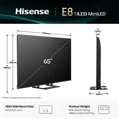 Hisense 65E8QTUK TV Dimensions with Remote Control