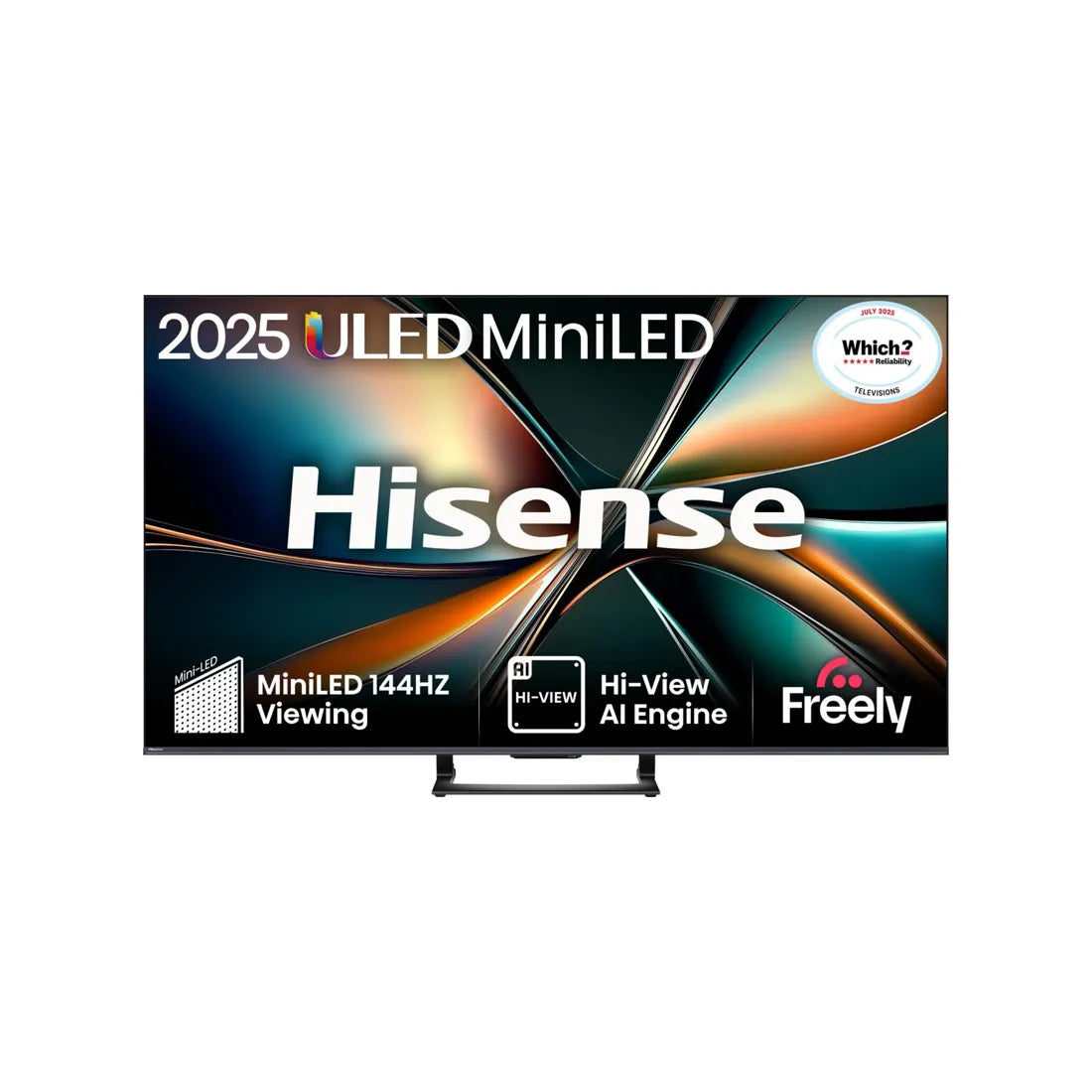 Hisense 75 inch U7Q Mini-LED Smart TV front view showing 4K display and slim bezel design.