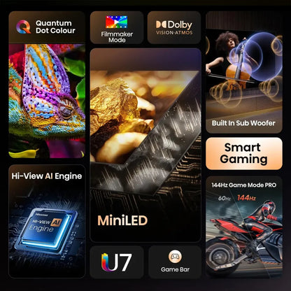 Hisense 75 inch U7Q Mini-LED Smart TV core features including Quantum Dot Colour, Dolby Vision Atmos, 144Hz gaming and Hi-View AI Engine