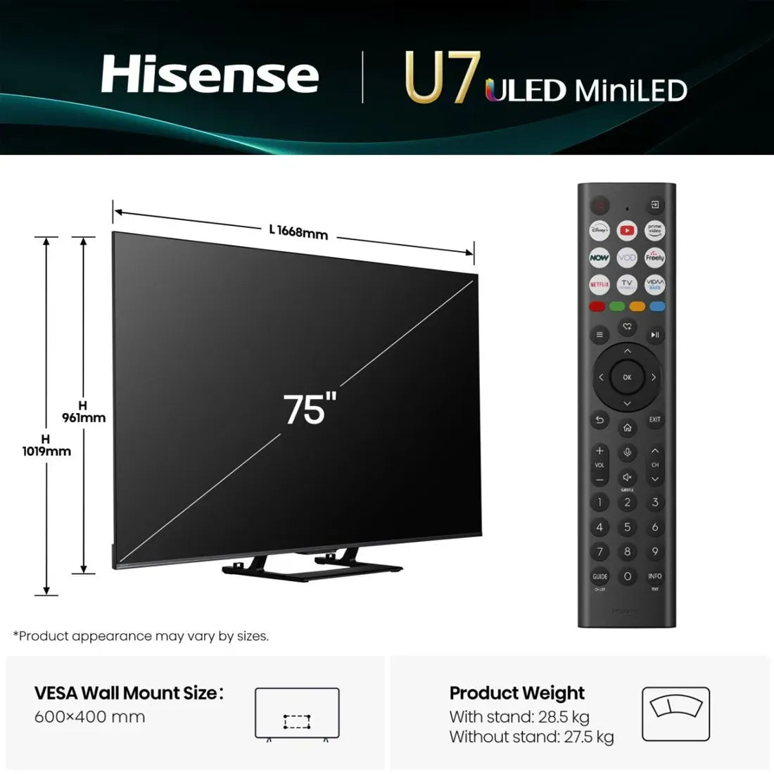 Hisense 75 inch U7Q Mini-LED TV dimensions and size measurements
