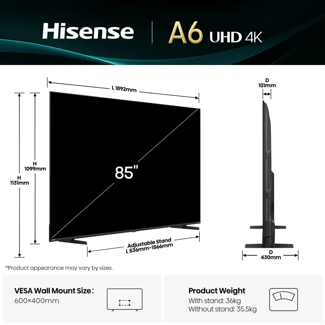 Dimensions diagram showing width, height and depth measurements of the Hisense 85 inch A6Q LED Smart TV.