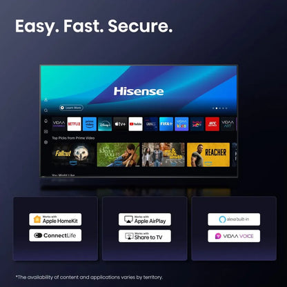 Smart TV interface showing streaming apps and entertainment dashboard on the Hisense 85 inch A6Q LED TV.