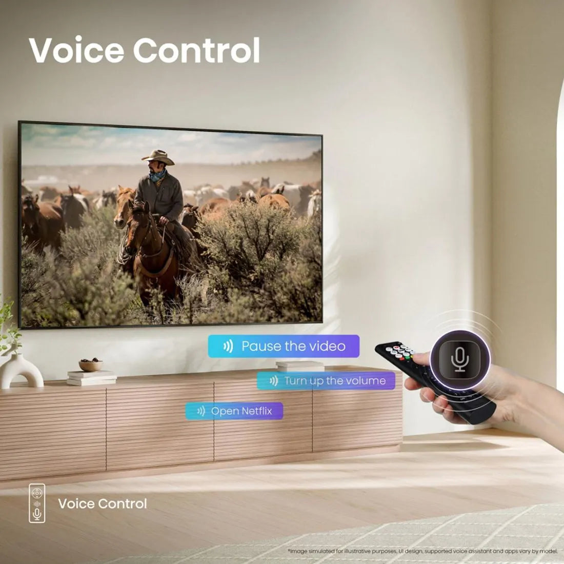 Voice control feature demonstration showing hands-free TV control on the Hisense 85 inch A6Q Smart TV.