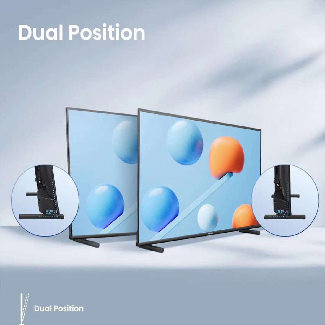 Hisense A5Q QLED TV showing adjustable dual position stand with angled viewing options