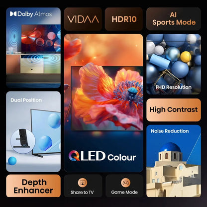 Feature overview showing QLED colour, Dolby Atmos, HDR10 and smart TV modes on Hisense A5Q