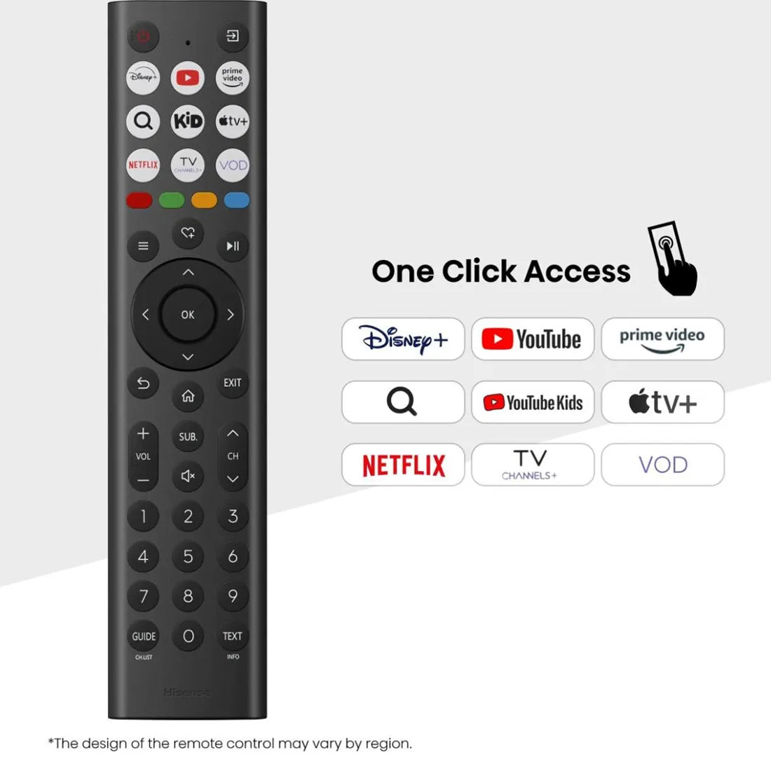 Hisense smart TV remote control with one click access buttons for popular streaming apps.