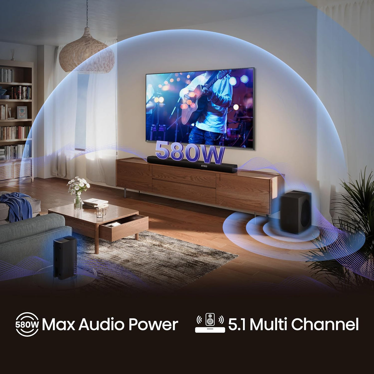 Hisense AX5100Q 5.1 channel soundbar system showing immersive audio around a living room