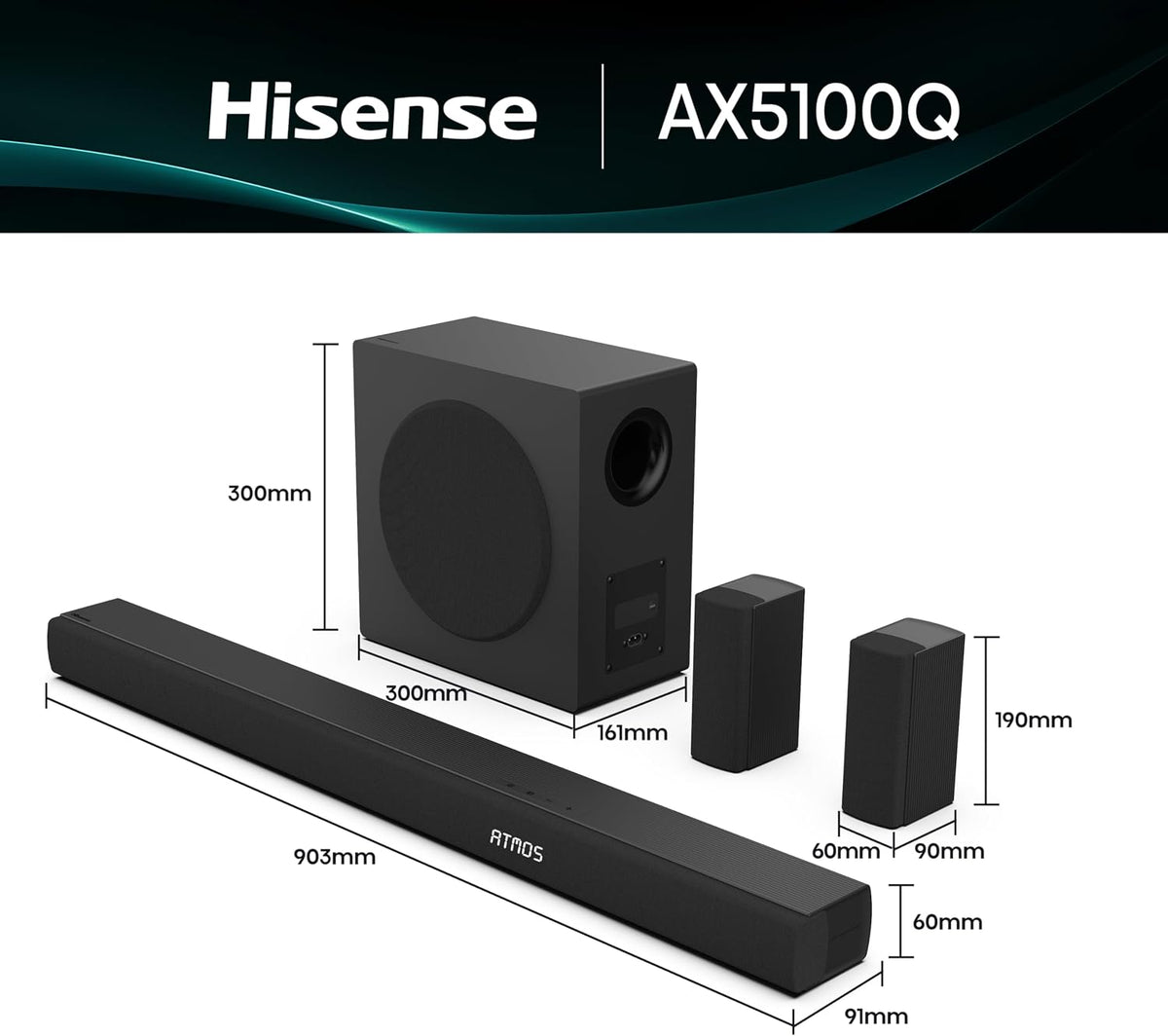 Hisense AX5100Q soundbar system showing dimensions of soundbar, subwoofer and rear speakers