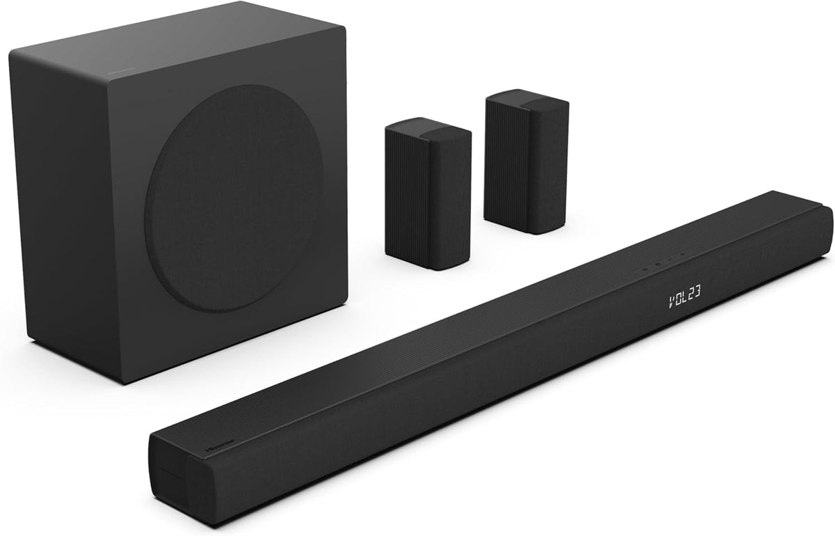 Hisense AX5100Q soundbar with wireless subwoofer and two compact rear surround speakers