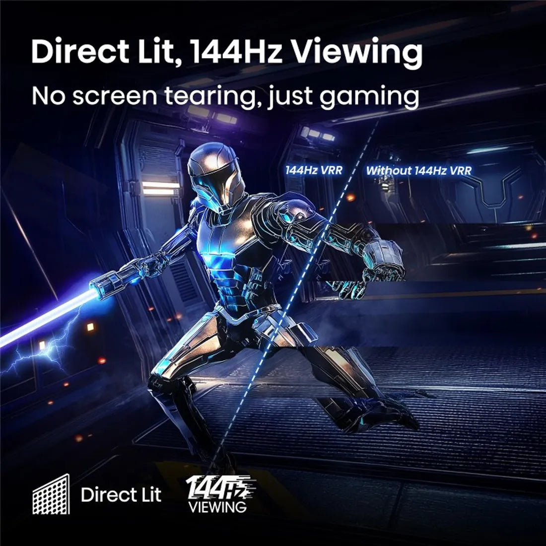 Hisense Direct Lit full-array backlighting with 144Hz viewing for smooth motion, deep blacks and vibrant colours.