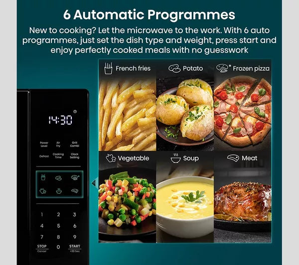 Hisense microwave with 6 automatic cooking programmes for vegetables, soup, meat and more