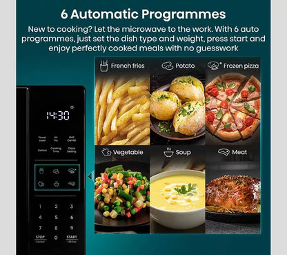 Hisense microwave with 6 automatic cooking programmes for vegetables, soup, meat and more