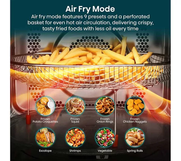 Hisense air fryer microwave showing crispy chips and a variety of air fried meals