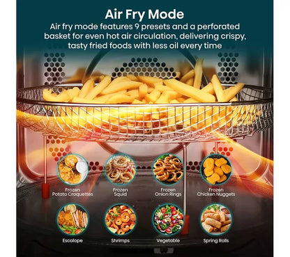 Hisense air fryer microwave showing crispy chips and a variety of air fried meals