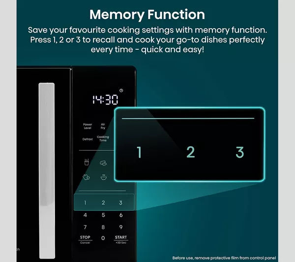 Hisense microwave memory function with three settings for saving favourite cooking programmes