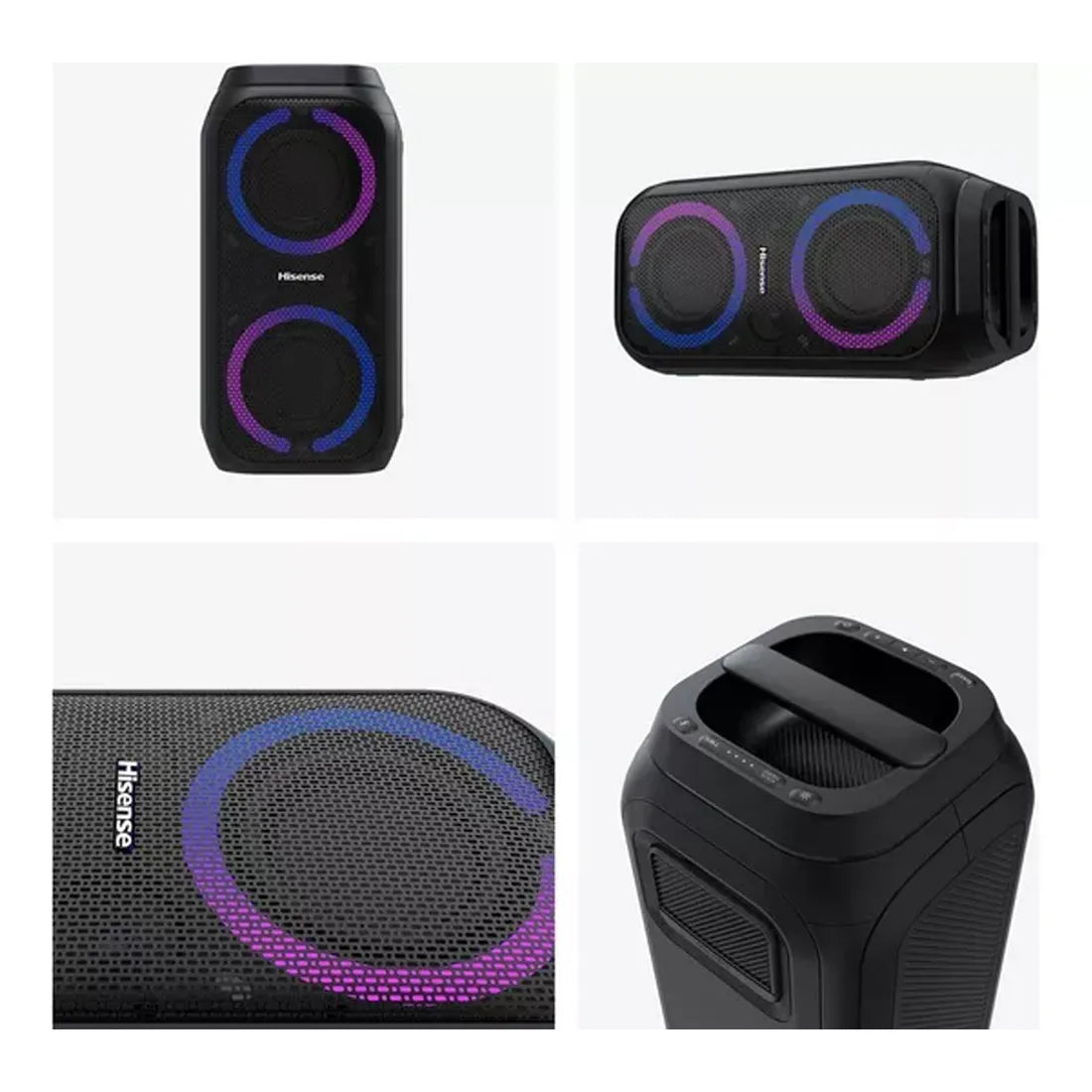 Close-up detail images of Hisense Party Rocket 160 Bluetooth speaker design and controls
